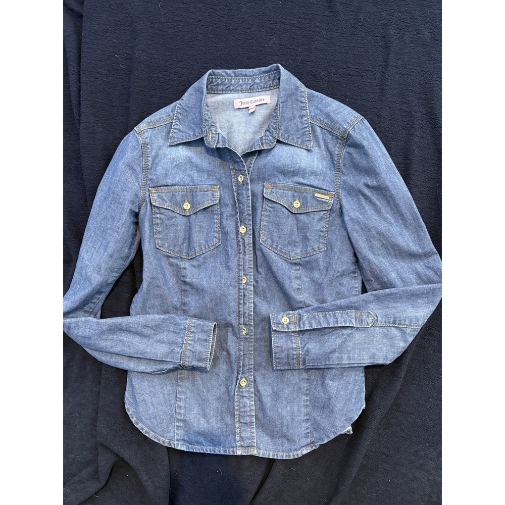 Juicy Couture Shirt Womens Blue Denim Button Up Boho Long Sleeve Small Western